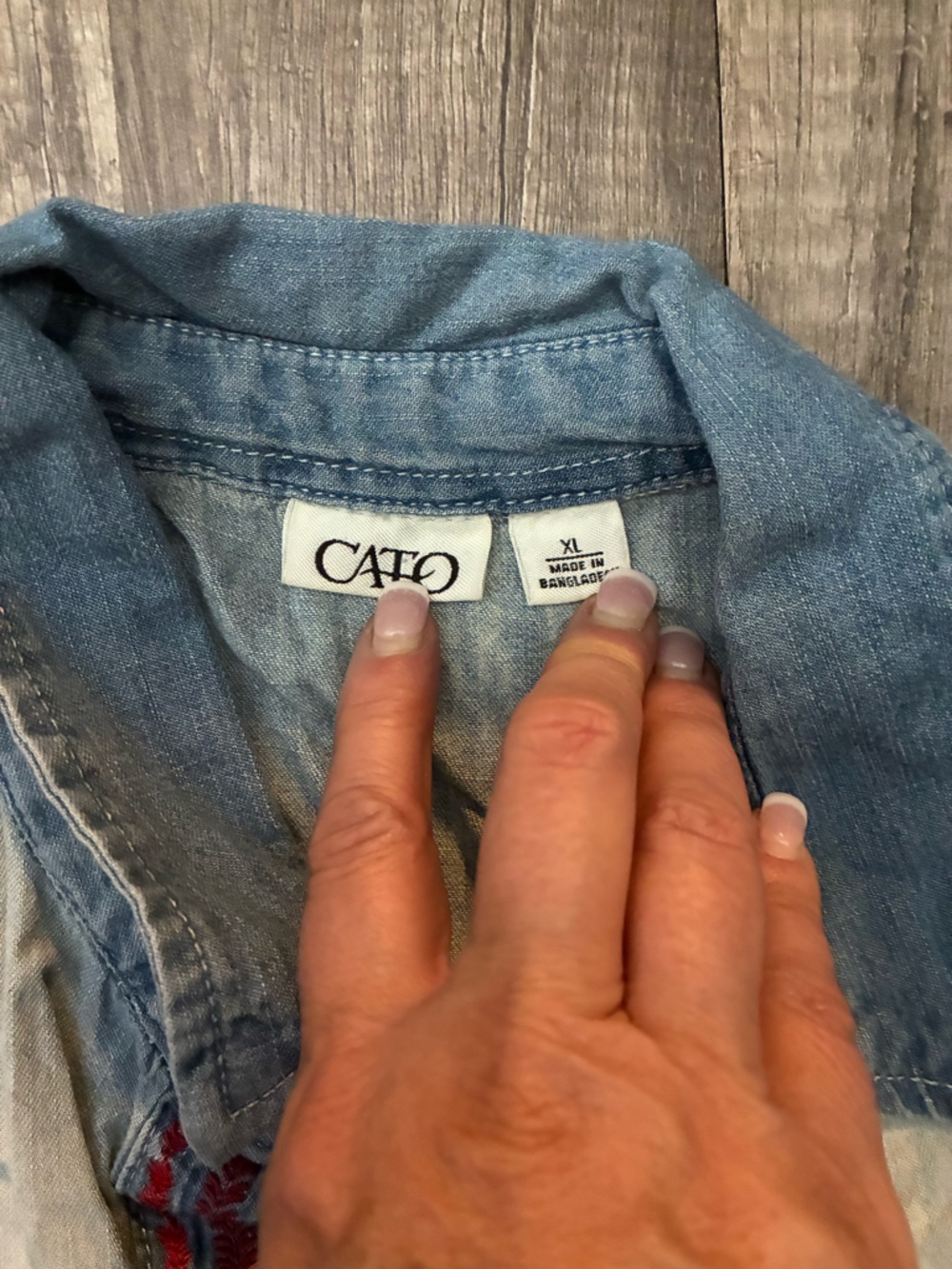 Cato Light Blue Denim Button-Down Shirt with Red Embroidered Yoke - Picture 2 of 3
